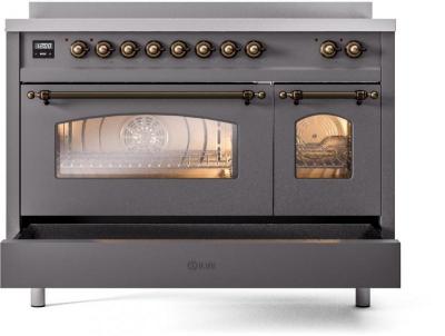 48" ILVE Nostalgie II Electric Freestanding Range in Matte Graphite with Bronze Trim - UPI486NMP/MGB