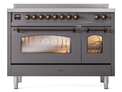 48" ILVE Nostalgie II Electric Freestanding Range in Matte Graphite with Bronze Trim - UPI486NMP/MGB