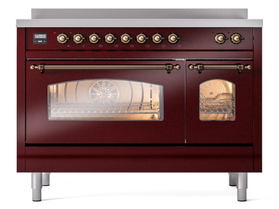 48" ILVE Nostalgie II Electric Freestanding Range in Burgundy with Bronze Trim - UPI486NMP/BUB