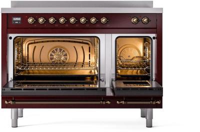 48" ILVE Nostalgie II Electric Freestanding Range in Burgundy with Bronze Trim - UPI486NMP/BUB