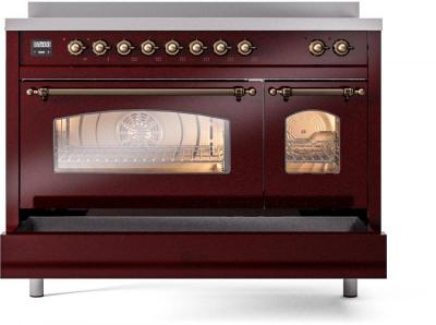 48" ILVE Nostalgie II Electric Freestanding Range in Burgundy with Bronze Trim - UPI486NMP/BUB