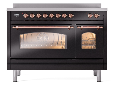 48" ILVE Nostalgie II Electric Freestanding Range in Glossy Black with Copper Trim - UPI486NMP/BKP