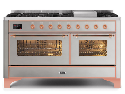 60" ILVE Majestic II Dual Fuel Liquid Propane Range with Copper Trim in Stainless Steel - UM15FDNS3/SSP LP