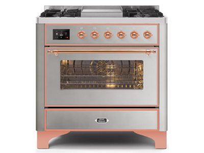 36" ILVE Majestic II Dual Fuel Liquid Propane Range with Copper Trim in Stainless Steel - UM09FDNS3/SSP LP