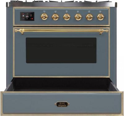 36" ILVE Majestic II Dual Fuel Natural Gas Freestanding Range in Blue Grey with Brass Trim - UM09FDNS3/BGG NG