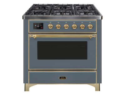 36" ILVE Majestic II Dual Fuel Natural Gas Freestanding Range in Blue Grey with Brass Trim - UM09FDNS3/BGG NG