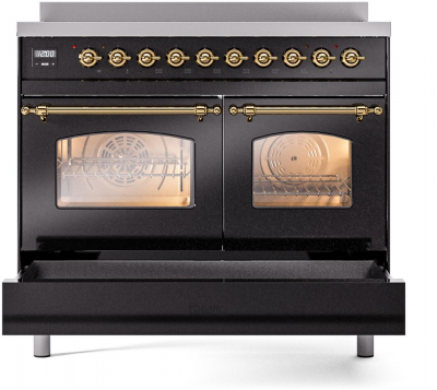 40" ILVE Nostalgie II Electric Freestanding Range in Glossy Black with Brass Trim - UPDI406NMP/BKG