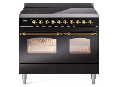 40" ILVE Nostalgie II Electric Freestanding Range in Glossy Black with Brass Trim - UPDI406NMP/BKG