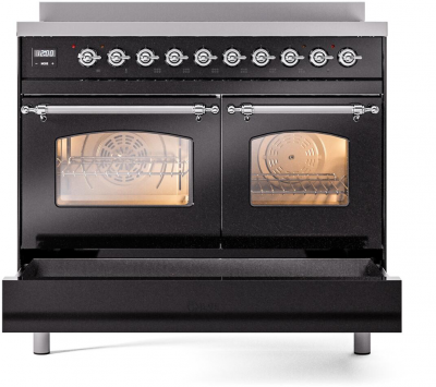 40" ILVE Nostalgie II Electric Freestanding Range in Glossy Black with Chrome Trim - UPDI406NMP/BKC