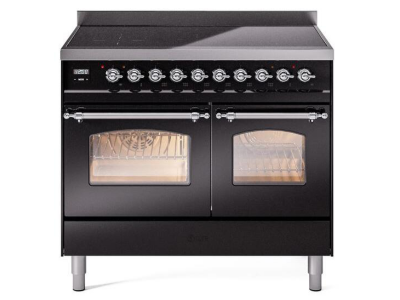 40" ILVE Nostalgie II Electric Freestanding Range in Glossy Black with Chrome Trim - UPDI406NMP/BKC