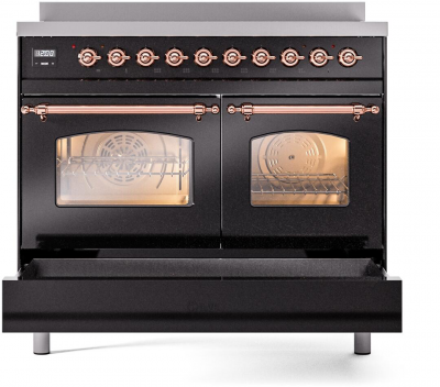 40" ILVE Nostalgie II Electric Freestanding Range in Glossy Black with Copper Trim - UPDI406NMP/BKP