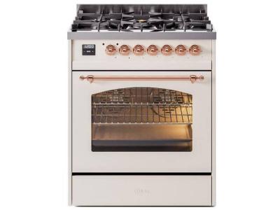 30" ILVE Nostalgie II Dual Fuel Liquid Propane Freestanding Range in  Antique White with Copper Trim - UP30NMP/AWP LP