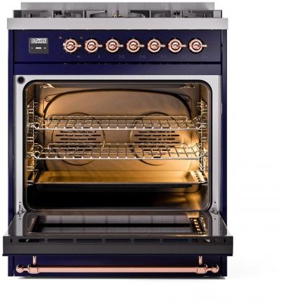 30" ILVE Nostalgie II Dual Fuel Liquid Propane Freestanding Range in  Blue with Copper Trim - UP30NMP/MBP LP