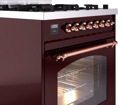 30" ILVE Nostalgie II Dual Fuel Liquid Propane Freestanding Range in Burgundy with Copper Trim - UP30NMP/BUP LP