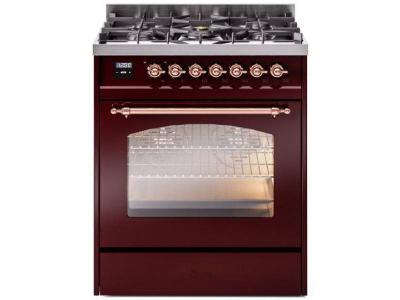 30" ILVE Nostalgie II Dual Fuel Liquid Propane Freestanding Range in Burgundy with Copper Trim - UP30NMP/BUP LP