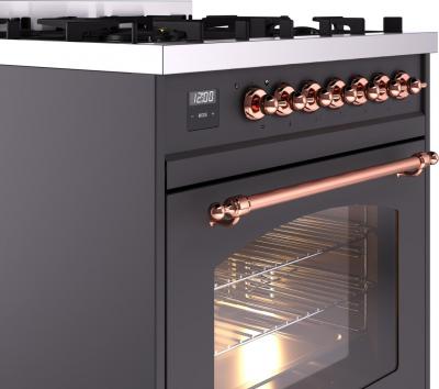 30" ILVE Nostalgie II Dual Fuel Liquid Propane Freestanding Range in Matte Graphite with Copper Trim - UP30NMP/MGP LP