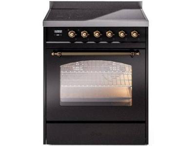 30" ILVE Nostalgie II Electric Freestanding Range in Glossy Black with Bronze Trim - UPI304NMP/BKB