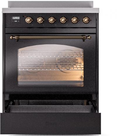 30" ILVE Nostalgie II Electric Freestanding Range in Glossy Black with Bronze Trim - UPI304NMP/BKB