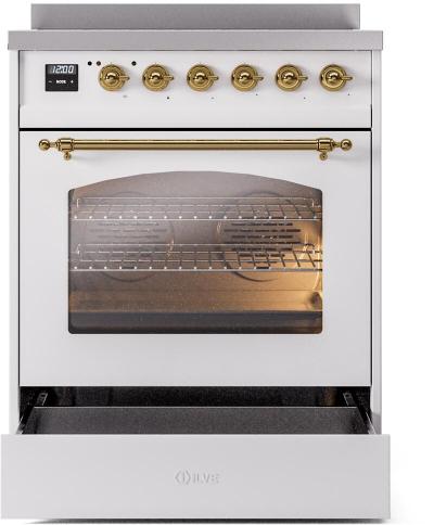 30" ILVE Nostalgie II Electric  Freestanding Range in White with Brass Trim  - UPI304NMP/WHG