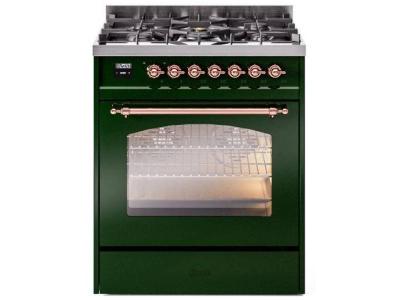 30" ILVE Nostalgie II Dual Fuel Liquid Propane Freestanding Range in Emerald Green with Copper Trim - UP30NMP/EGP LP