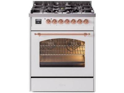 30" ILVE Nostalgie II Dual Fuel Liquid Propane Freestanding Range in White with Copper Trim - UP30NMP/WHP LP