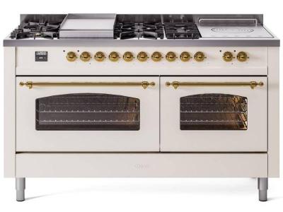 60" ILVE Nostalgie II Dual Fuel Liquid Propane Freestanding Range in Antique White with Brass Trim - UP60FSNMP/AWG LP