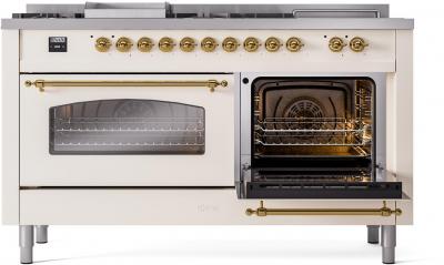 60" ILVE Nostalgie II Dual Fuel Liquid Propane Freestanding Range in Antique White with Brass Trim - UP60FSNMP/AWG LP