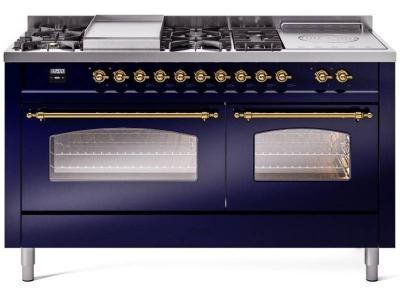 60" ILVE Nostalgie II Dual Fuel Liquid Propane Freestanding Range in Blue with Brass Trim - UP60FSNMP/MBG LP