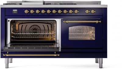 60" ILVE Nostalgie II Dual Fuel Liquid Propane Freestanding Range in Blue with Brass Trim - UP60FSNMP/MBG LP