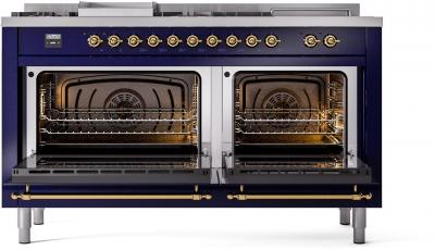 60" ILVE Nostalgie II Dual Fuel Liquid Propane Freestanding Range in Blue with Brass Trim - UP60FSNMP/MBG LP