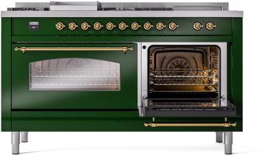 60" ILVE Nostalgie II Dual Fuel Liquid Propane Freestanding Range in Emerald Green with Brass Trim - UP60FSNMP/EGG LP