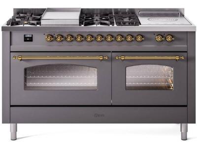 60" ILVE Nostalgie II Dual Fuel Liquid Propane Freestanding Range in Matte Graphite with Brass Trim - UP60FSNMP/MGG LP