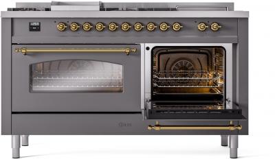 60" ILVE Nostalgie II Dual Fuel Liquid Propane Freestanding Range in Matte Graphite with Brass Trim - UP60FSNMP/MGG LP