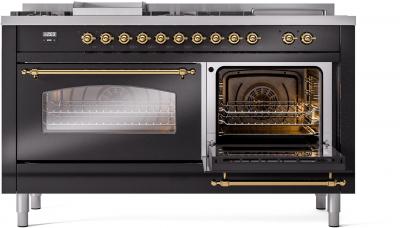 60" ILVE Nostalgie II Dual Fuel Liquid Propane Freestanding Range in Glossy Black with Brass Trim - UP60FSNMP/BKG LP