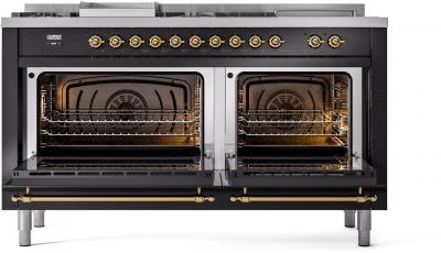 60" ILVE Nostalgie II Dual Fuel Liquid Propane Freestanding Range in Glossy Black with Brass Trim - UP60FSNMP/BKG LP