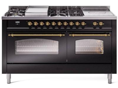 60" ILVE Nostalgie II Dual Fuel Liquid Propane Freestanding Range in Glossy Black with Brass Trim - UP60FSNMP/BKG LP