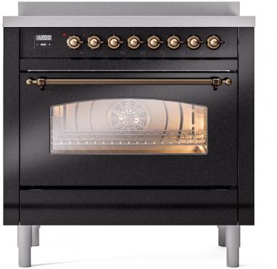 36" ILVE Nostalgie II Electric Freestanding Range in Glossy Black with Bronze Trim - UPI366NMP/BKB