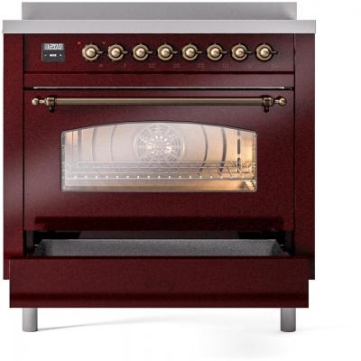 36" ILVE Nostalgie II Electric Freestanding Range in Burgundy with Bronze Trim - UPI366NMP/BUB