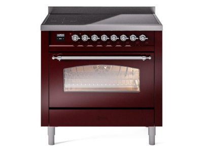 36" ILVE Nostalgie II Electric Freestanding Range in Burgundy with Chrome Trim - UPI366NMP/BUC