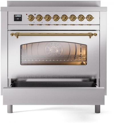 36" ILVE Nostalgie II Electric Freestanding Range in Stainless Steel with Brass Trim - UPI366NMP/SSG