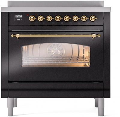 36" ILVE Nostalgie II Electric Freestanding Range in Glossy Black with Brass Trim - UPI366NMP/BKG