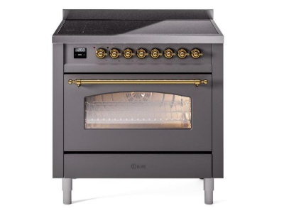 36" ILVE Nostalgie II Electric Freestanding Range in Matte Graphite with Brass Trim - MGG