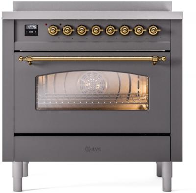 36" ILVE Nostalgie II Electric Freestanding Range in Matte Graphite with Brass Trim - MGG