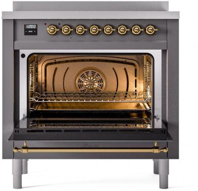 36" ILVE Nostalgie II Electric Freestanding Range in Matte Graphite with Brass Trim - MGG