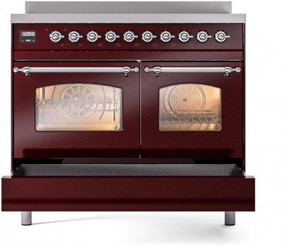 40" ILVE Nostalgie II Electric Freestanding Range in Burgundy with Chrome Trim - UPDI406NMP/BUC