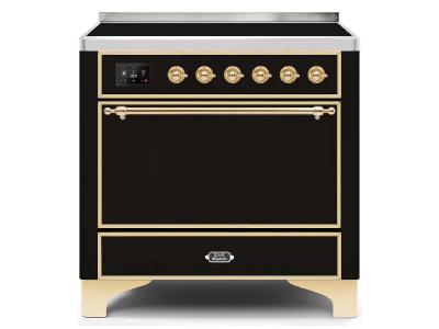 36" ILVE 3.5 Cu. Ft. Majestic II Electric Freestanding Range in Glossy Black with Brass Trim - UMI09QNS3/BKG