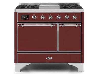 40" ILVE Majestic II Dual Fuel Freestanding Range with Chrome Trim in Burgundy - UMD10FDQNS3/BUC LP