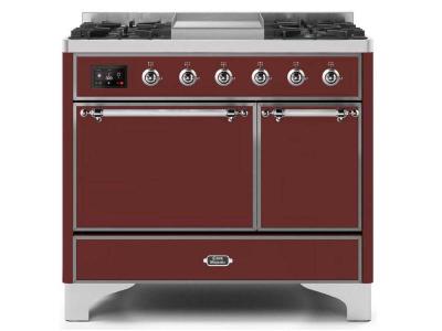 40" ILVE Majestic II Dual Fuel Natural Gas Freestanding Range with Chrome Trim in Burgundy - UMD10FDQNS3/BUC NG