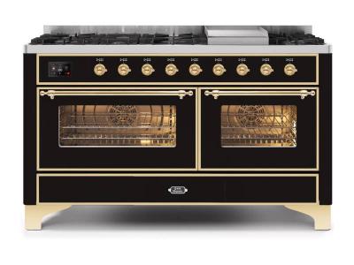 60" ILVE Majestic II Dual Fuel Liquid Propane Range with Brass Trim - UM15FDNS3/BKG LP