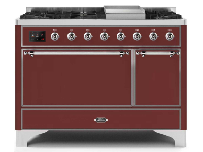 48" ILVE 5.02 Cu. Ft. Majestic II Dual Fuel Liquid Propane Freestanding Range in Burgundy with Chrome Trim - UM12FDQNS3/BUC LP